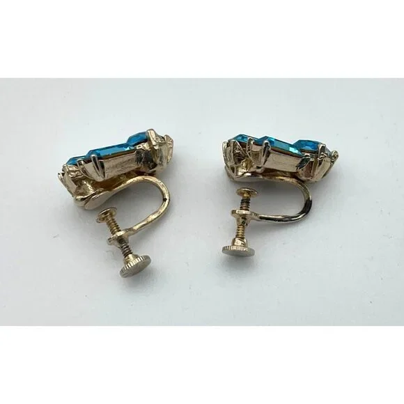 Vintage 1950s Art Deco Blue Zircon Screw Back Earrings With Emerald & Round Cut - Picture 3 of 3